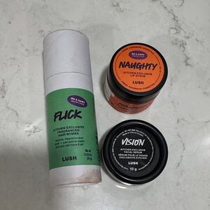 Lush Flick Hair Bombs, Naughty Lip Scrub, and Vision Serum Set